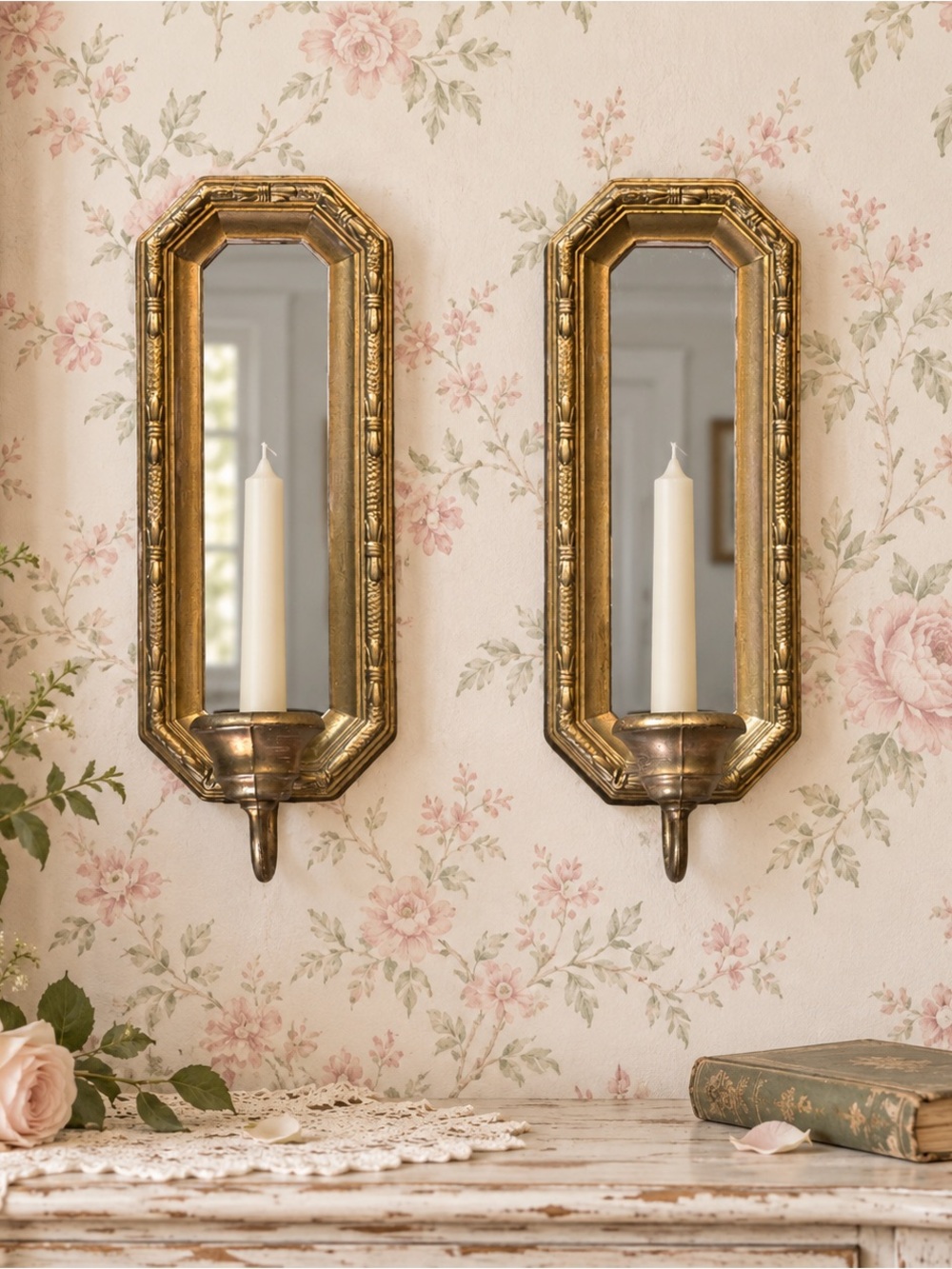 Vintage Pair Gold Mirrored Wall Candle Sconces Hollywood Regency Decor